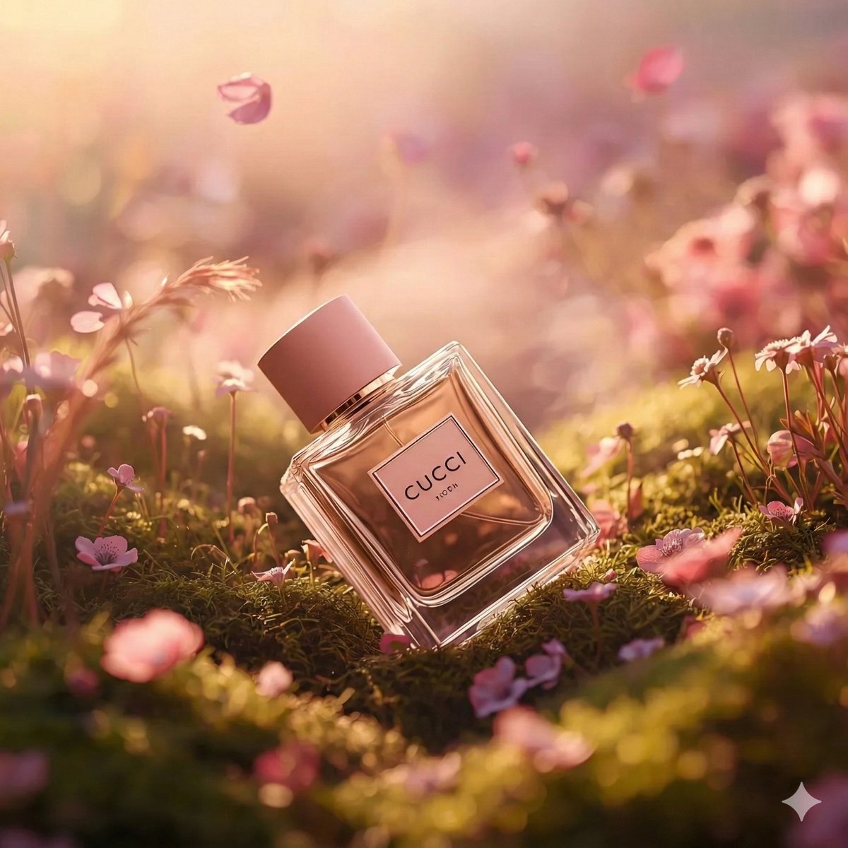 Hyper-realistic luxury perfume product shot in fantasy meadow