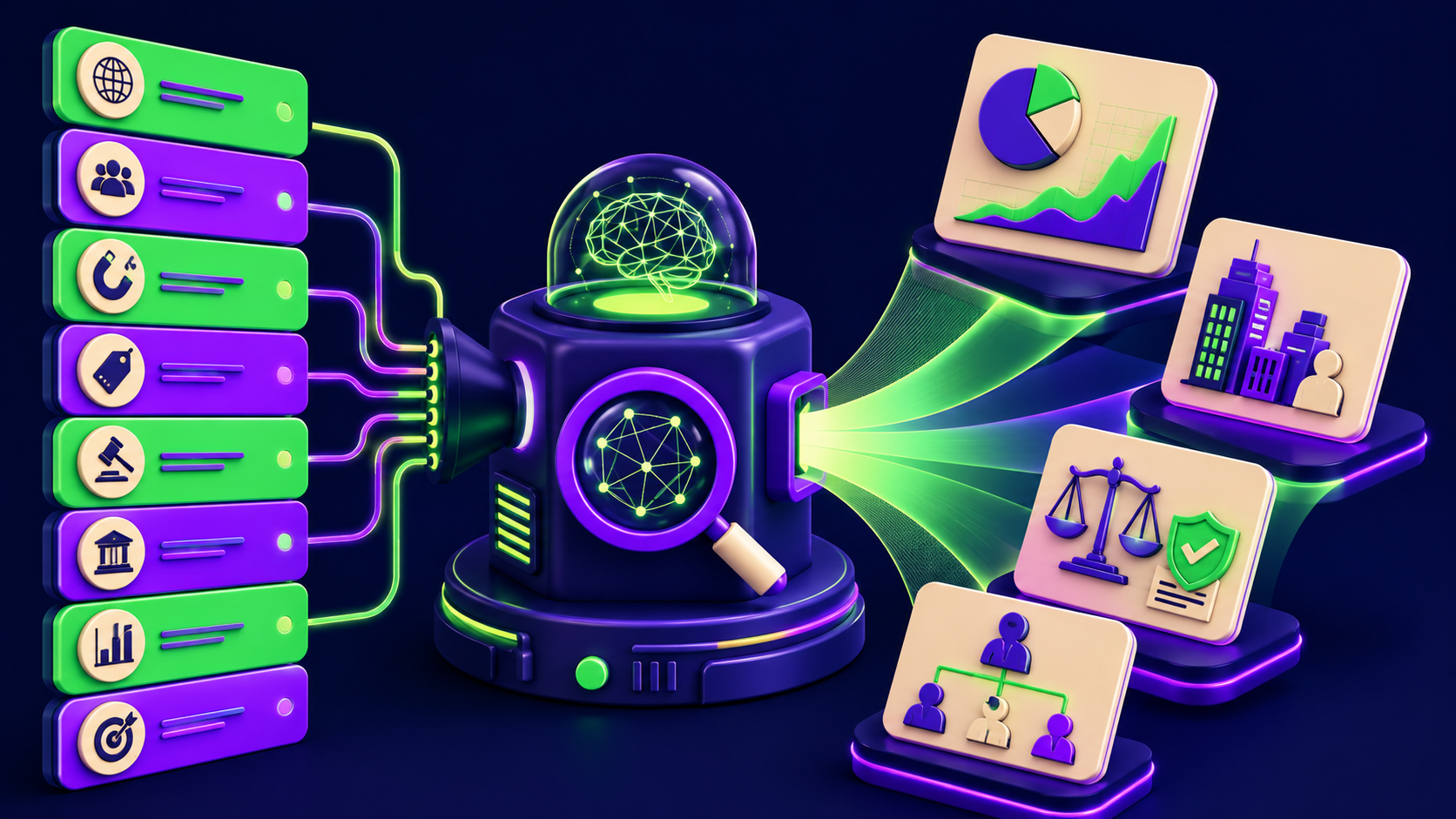 Eight stacked prompt cards feeding a research engine that returns tiles for market shape, players, and regulation