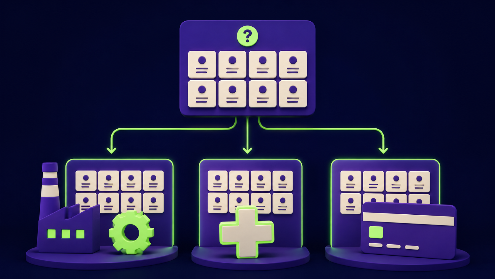 One template splitting into three industry panels, a factory gear, a medical cross, and a payment card