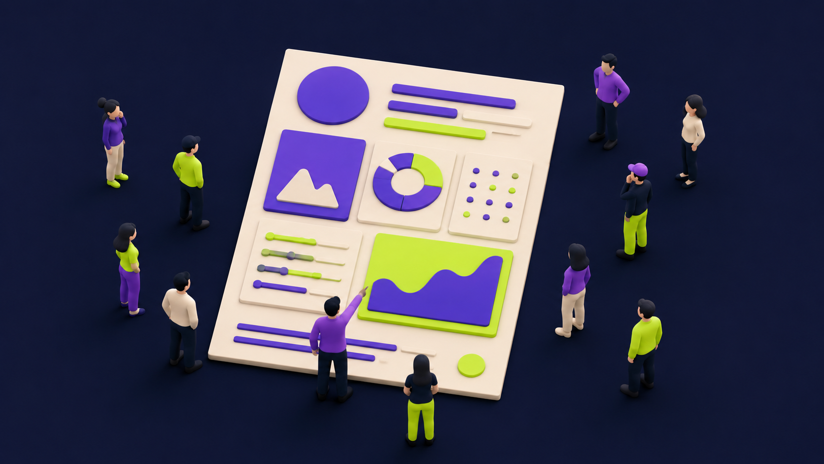 A single clean one-page client brief assembled from small research tiles with reader figures around it
