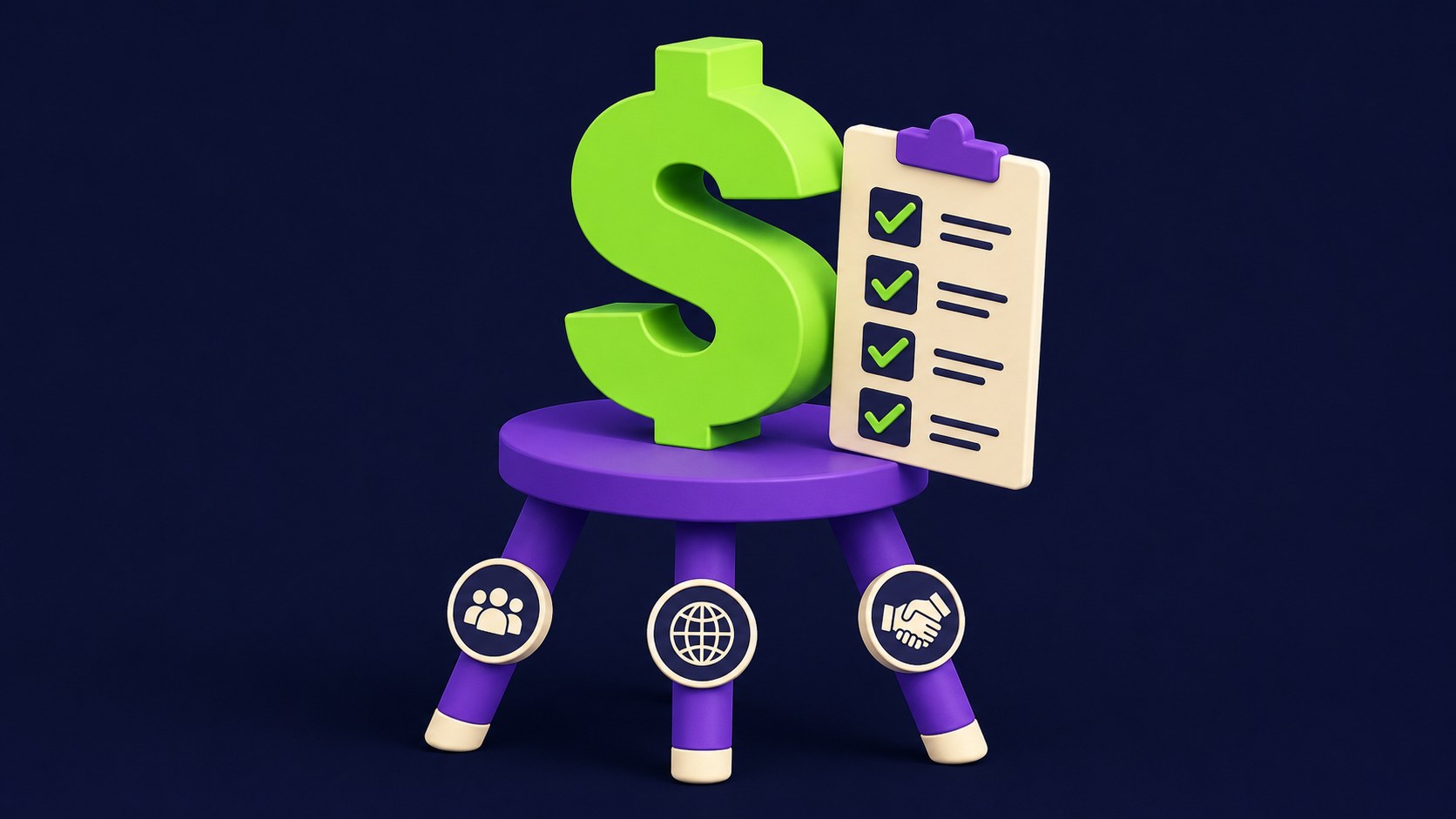 A large market-size figure balanced on a three-legged stool of sourcing methods beside a diligence checklist