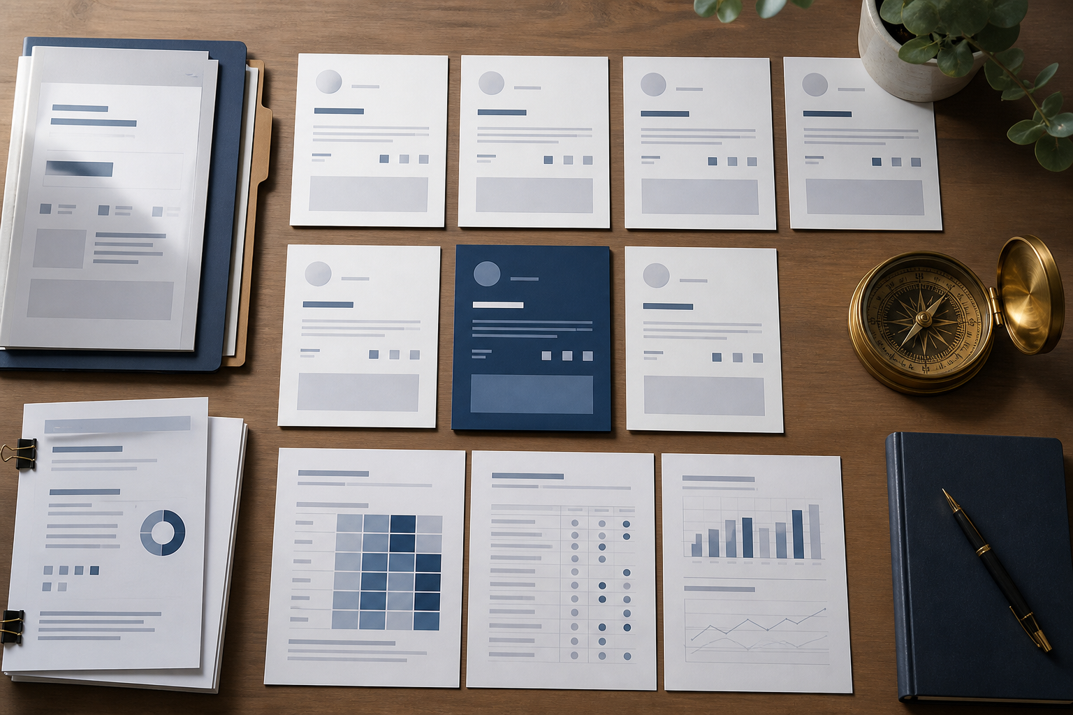 Structured product information cards and comparison sheets arranged on a research desk