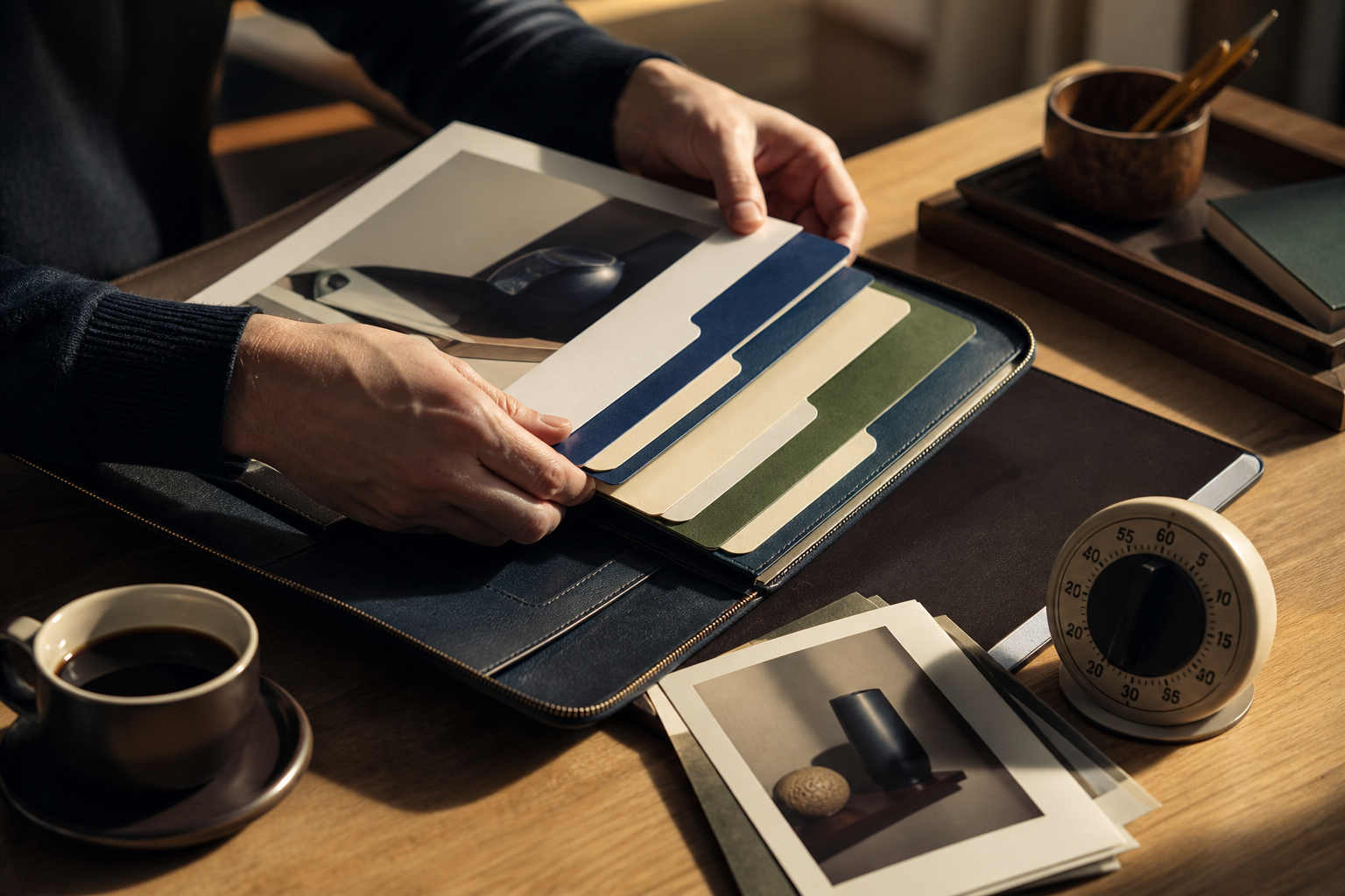 Founder preparing a small set of product-submission folders during a focused work session